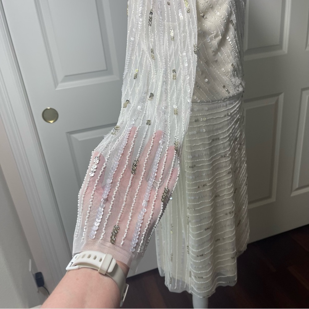 NWT Adrianna Papell White Beaded Sequins Embellished Dress Sheer Sleeves V-Neck - Picture 5 of 16